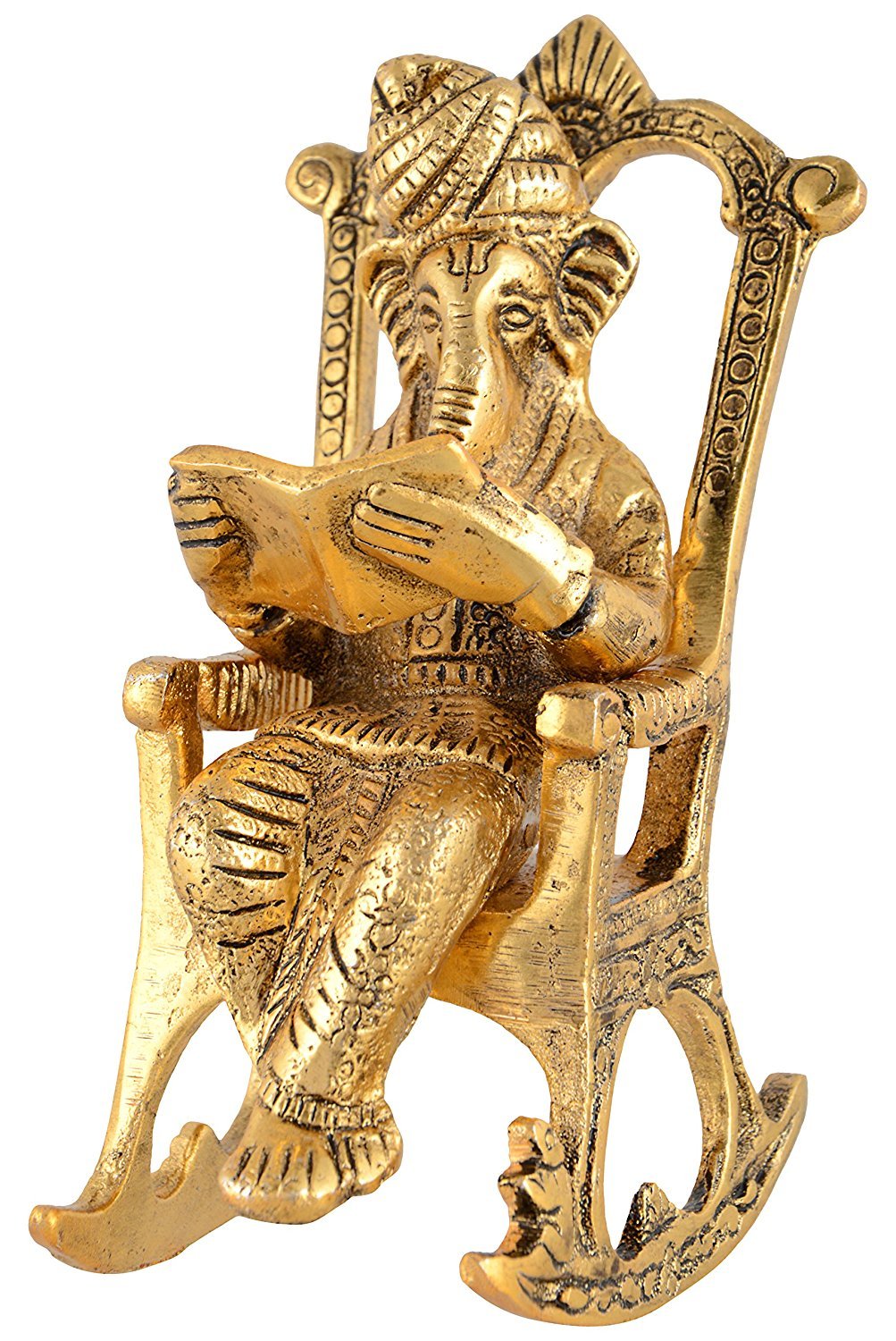 SRI LALIT ARTS GANESH SITTING ON CHAIR READING BOOK IDOL (5.5 cm x 7 cm x 14.5 cm, GOLD)