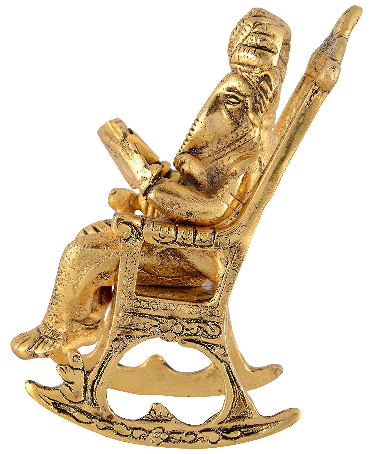 SRI LALIT ARTS GANESH SITTING ON CHAIR READING BOOK IDOL (5.5 cm x 7 cm x 14.5 cm, GOLD)