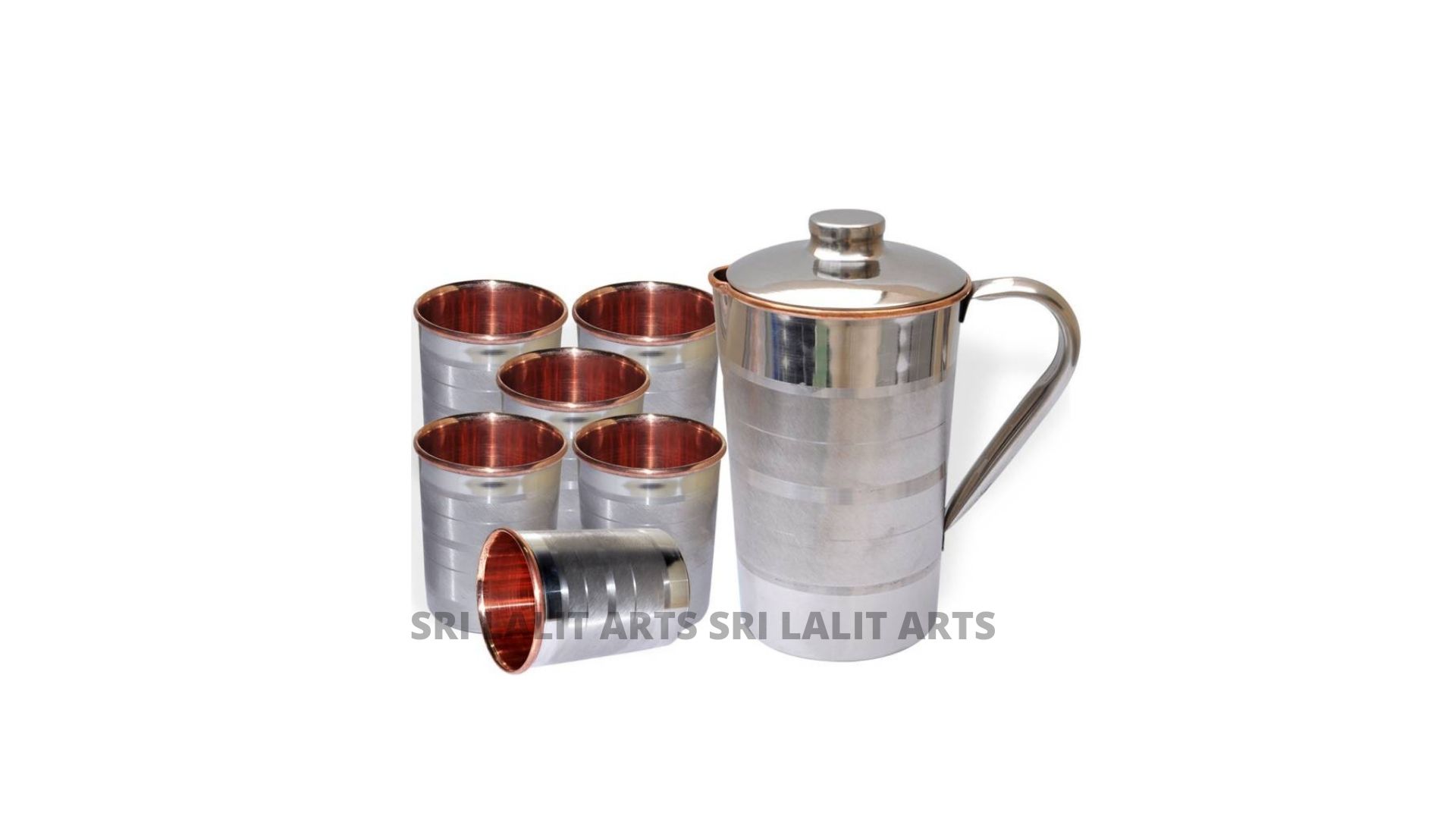 STEEL COPPER 1 JUG AND 6 GLASS SET