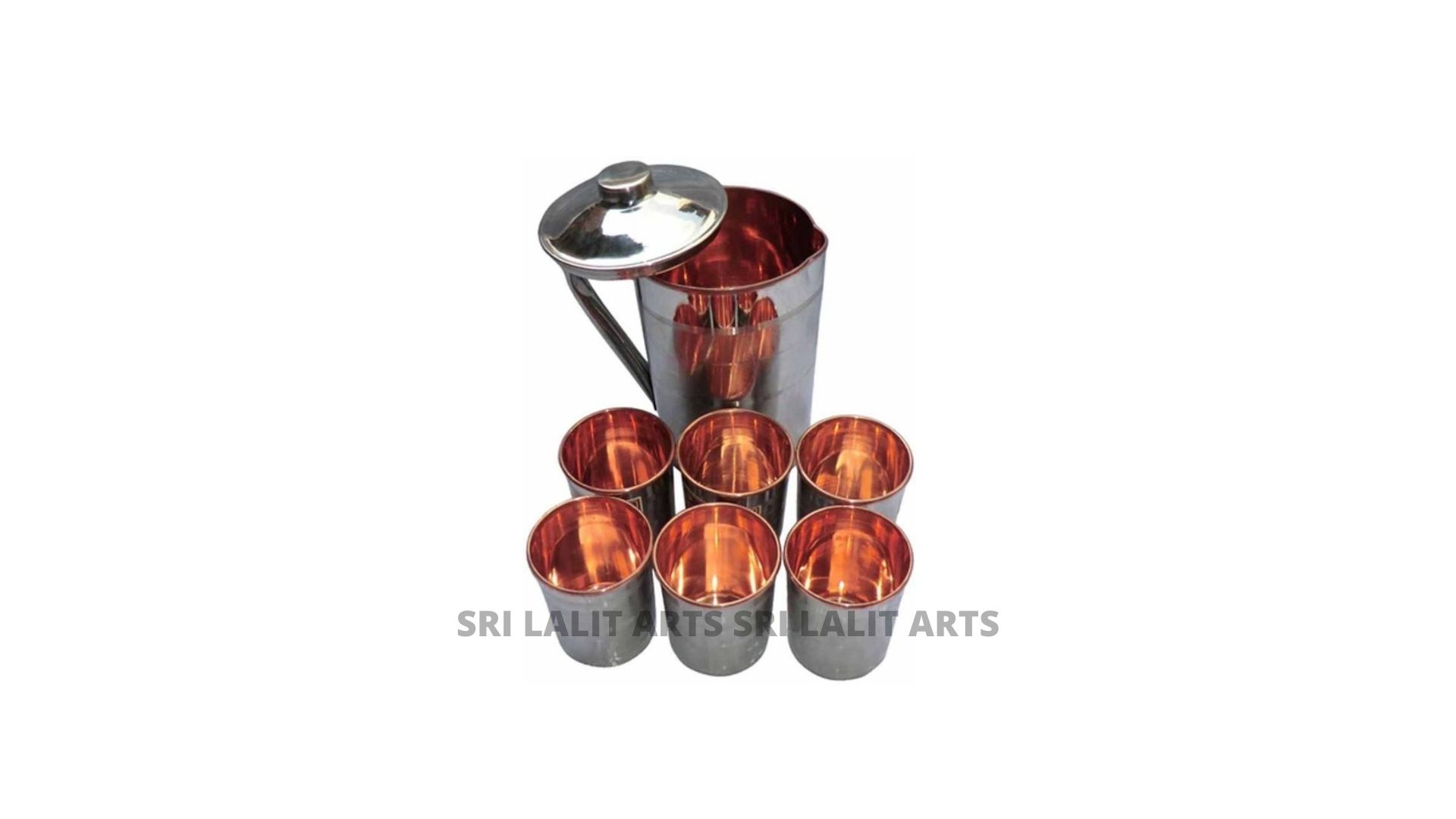 STEEL COPPER 1 JUG AND 6 GLASS SET