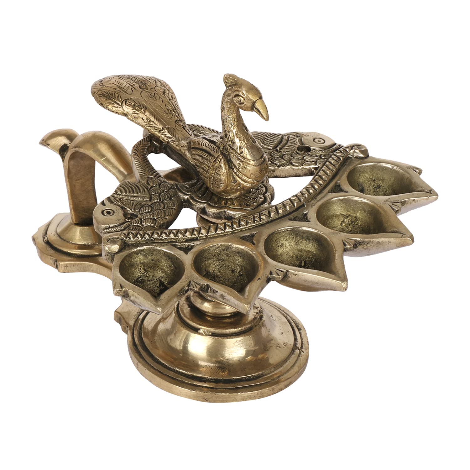 Sri Lalit Arts Peacock Aarti Diya with Handle Brass Decorative Puja Accessory, Five Face Camphor Burner lamp Panch Aarti .